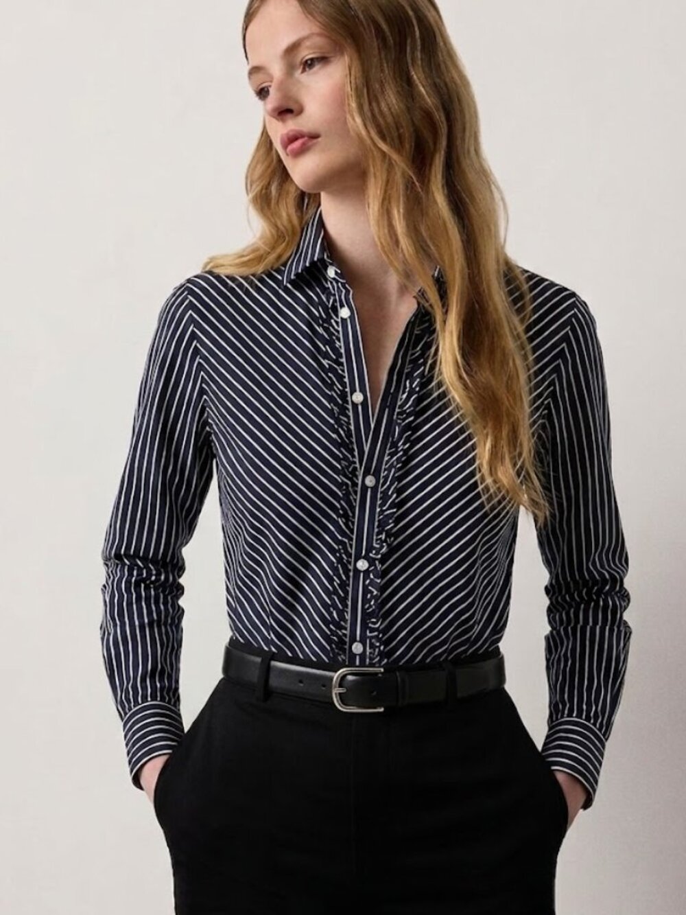 Vintage Ralph Lauren Ruffle Front Dress Shirt Black Diagonal Stripe 100% Cotton